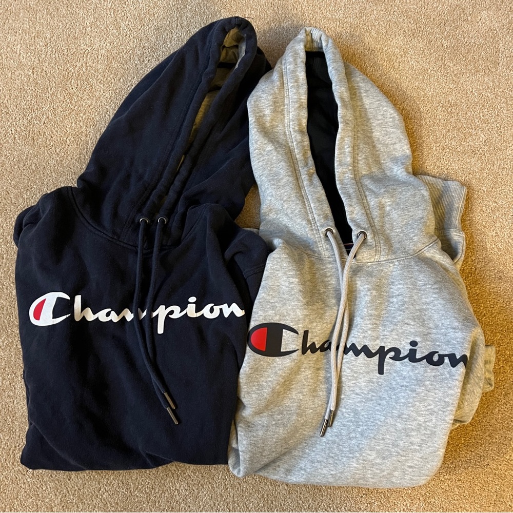 2 Champion Men’s fleece pullover script logo hoodies, Size Small, Navy and grey